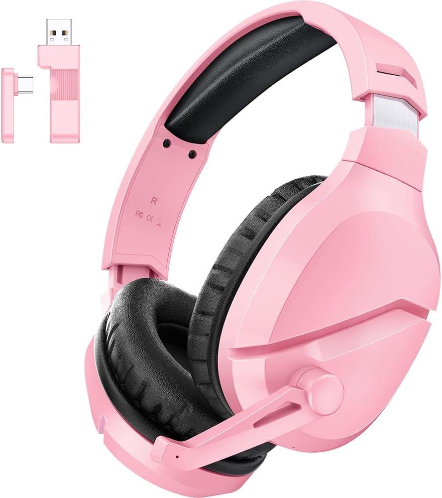 Wireless Gaming Headset with Noise Canceling Microphone for PS5, PC, PS4, 2.4G/Bluetooth Gaming Headphones with USB and Type-c Connector, Wired Mode for Controller - Pink