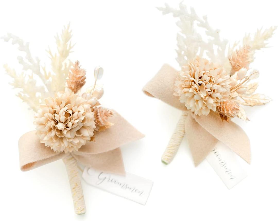 Ling's moment Boutonniere for Men, 2pcs Groom Groomsmen Guest Boutonniere, Artificial Flowers for Wedding/Prom/Homecoming, etc.Boho Gold Pompon Mum