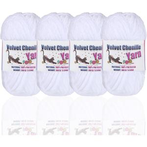 4 * 100g Fluffy Velvet Chenille Yarn for Crocheting and Knitting, Handcrafts Weaving Soft Chenille Yarn for Crocheting Clearance, Used for Making Baby Yarn Blanket, Clothes, DIY Craft (White)