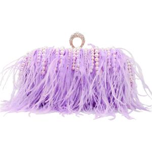ZAKIA Women's Real Natural Ostrich Feather Tote Evening Dress Bag Shoulder Bag Party Money Bag Wallet Clutch (X-light Purple)