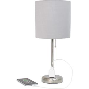 Simple Designs LT1144-GRY Sleek and Slender Brushed Steel Table Lamp with Charging Outlet, for Bedroom, Living Room, Entryway, Office, Dining Room, Study, Gray Shade