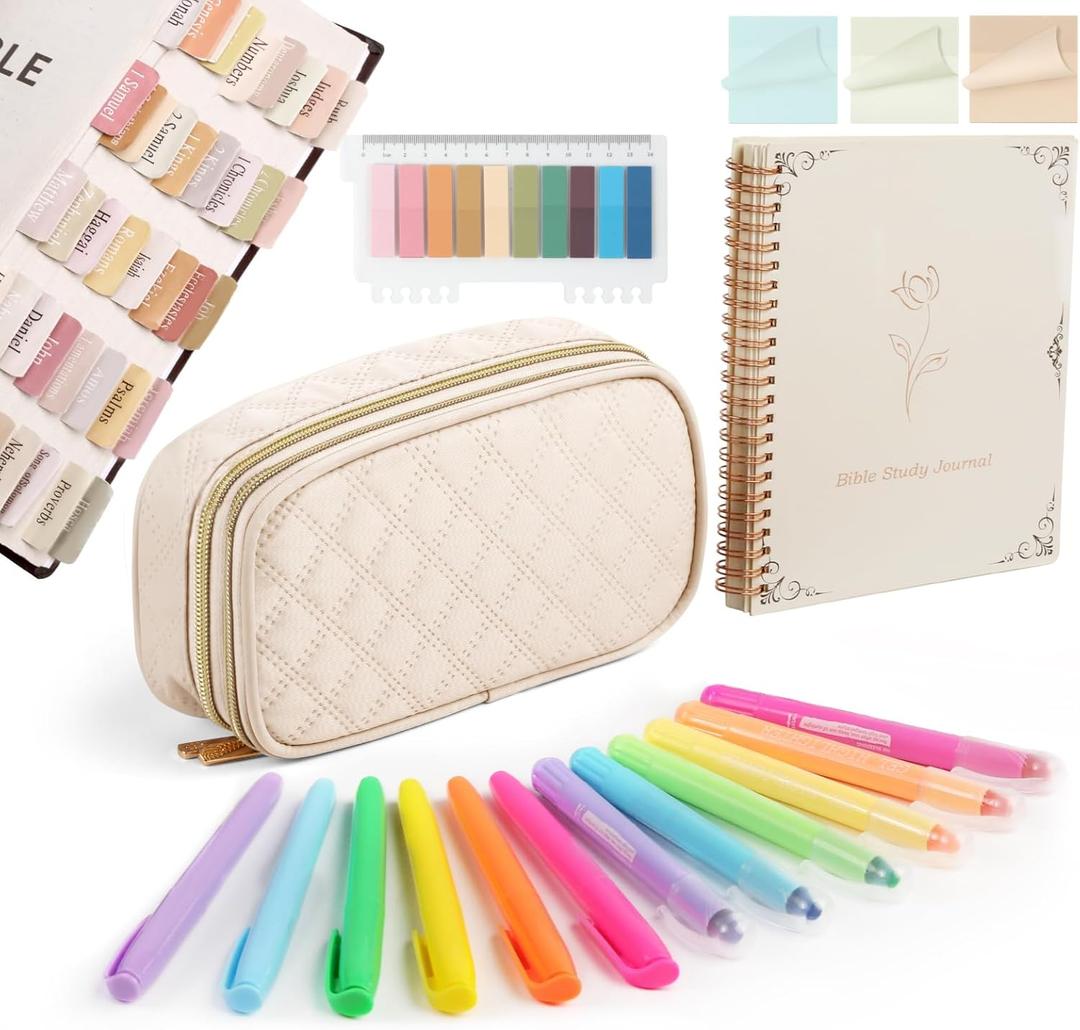 BellaHold Bible Study Kit for Women  30PCS Bible Journaling Supplies, 7 Bible Accessories, No-Bleed Highlighters, Bible Tabs, Large Pencil Case, Christian Gift (Beige-New)