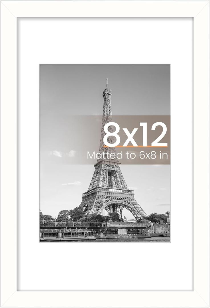 upsimples 8x12 Picture Frame, Display Pictures 6x8 with Mat or 8x12 Without, Wall Hanging Photo Frames, White, 1 Pack