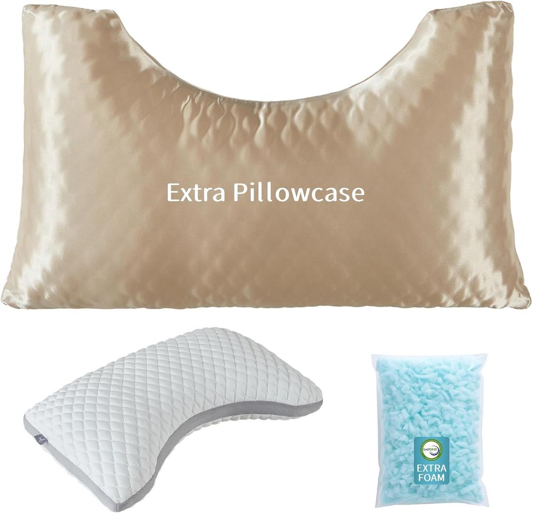 Side Sleeper Pillows for Adults - Curved Pillow with 3 Compartments for Neck Pain Relief, Adjustable Crescent Pillow Side Sleeper with Extra Shredded Memory Foam Bag and 2 Pillowcases, 19 * 29in