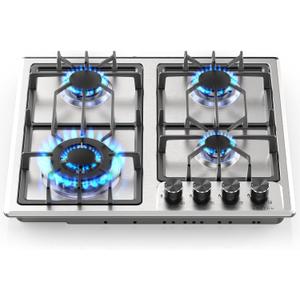 Noxton Gas Cooktop 24 Inch, 4 Burners Gas Stove Top, LPG/NG Dual Fuel Built-in Gas Hob, Flame Out Protection Prevent Gas Leakage, Stainless Steel Propane Cooktop for RVs, Apartments, Outdoor