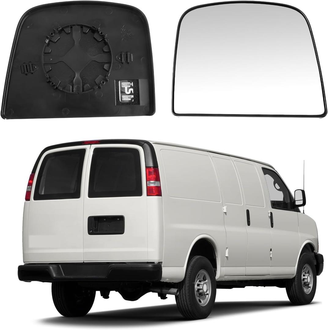 Upper Right Heated Mirror Glass for 2003-2014 Chevy Express/GMC Savana 1500, 2003-2017 Chevy Express/GMC Savana 2500 3500, Passenger Side Upper Rear View Mirror Replacement