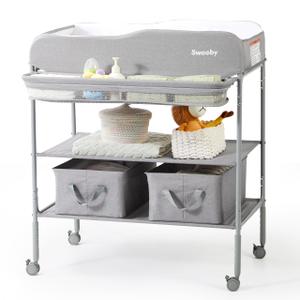 Sweeby Portable Baby Changing Table, Foldable Changing Table Dresser Changing Station for Infant, Waterproof Pad Topper, Mobile Nursery Organizer for Newborn Essentials,Light Grey, Classic