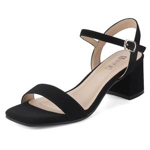 IDIFU Black Low Block Heels for Women Chunky Heels Square Open Toe Heeled Sandals Wedding Bride Prom Graduation Dress Shoes Comfortable Cute Trendy Summer Casual Ankle Strap Heels (Black Nubuck, 12)