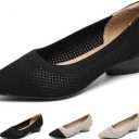 Women's Knit Pointed Toe Low Chunky Heel Pumps Fashion Mesh Hollow Shallow Mouth Slip On Low Heel Ballet Shoes Comfortable Breathable Casual Office Wedding Formal Dress Shoes, 35