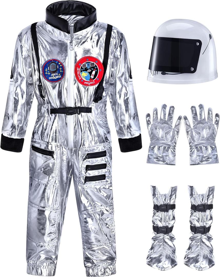 Cuffbow 4 Pcs Astronaut Costume Kids for Halloween, Space Helmet Jumpsuit Gloves Shoe Covers Set for Child Teen Boys (10-12 Years, Silver)