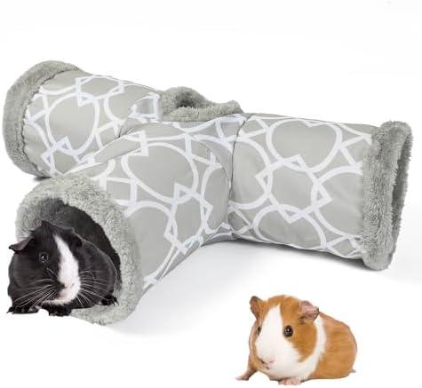 LUCKITTY Plush Inside 3-Way Shape Small Animals Tube Tunnel with Interactive Ball for Guinea Pig, Hamster, Chinchilla, Hedgehog Hiding and Resting, Geometric Grey