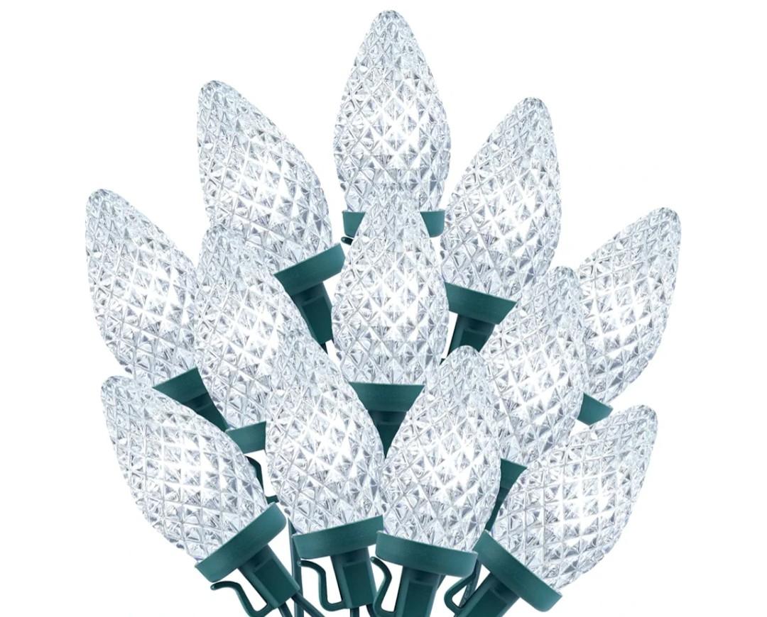 Brightown C9 Christmas String Lights White, 66ft 100 LED Faceted Christmas Lights on Green Wire, Plug-in Large Bulb Strawberry String Lights for House Roof Roofline Christmas Tree Party Outdoor