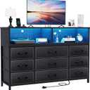 Black Dresser for Bedroom, 9 Drawers Led Dresser TV Stand with Power Outlets and LED Lights, Long Fabric Dressers Wide Chest of Drawers with Large Organizer for Living Room, Entryway, Hallway