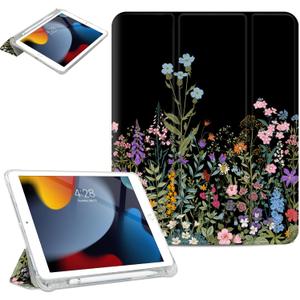 for iPad 9th/7th/8th Generation Case 10.2-inch, Fit for iPad Pro 10.5 Case, for iPad Air 3rd Generation Cases, Slim Cover Pencil Holder & 2 Viewing Angles & Typing Stand, Black Flower Art
