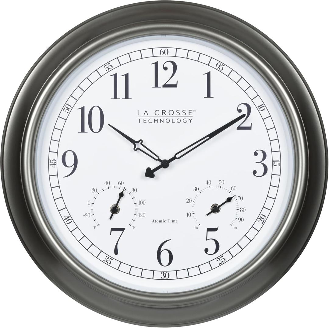 La Crosse Technology 404-00237-INT 18" Atomic Outdoor Clock with Thermometer & Hygrometer (Silver)