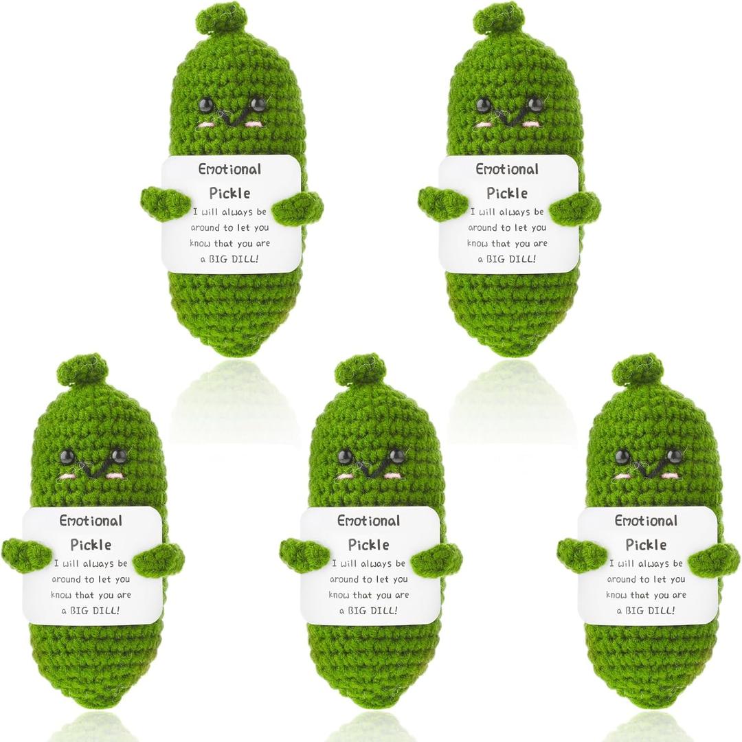 Emotional Support Pickles, 5 Pcs Handmade Mini Funny Emotional Support Pickled Cucumber Gift Cute Handwoven Ornaments Crochet Pickled Cucumber Knitting Doll for Christmas Ornament Gift