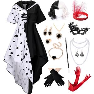 13Pcs/9Pcs Women's Dalmatian Black and White Costume Dress with Wig Gloves Accessories Party Outfit (X-Large)