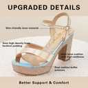 hingswink Womens Sparkly Platform Dress Sandals for Women Chunky Block Heel 3.8 Inch High Heels Open Toe with Strap for Women Comfortable Sexy Dressy Prom Wedding Party Evening Shoes, Champagne US 8