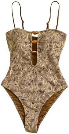 SOLY HUX Women's One Piece Swimsuit Cutout Bathing Suits High Cut Swimwear Vacation Cruise Wear Khaki Graphic Medium