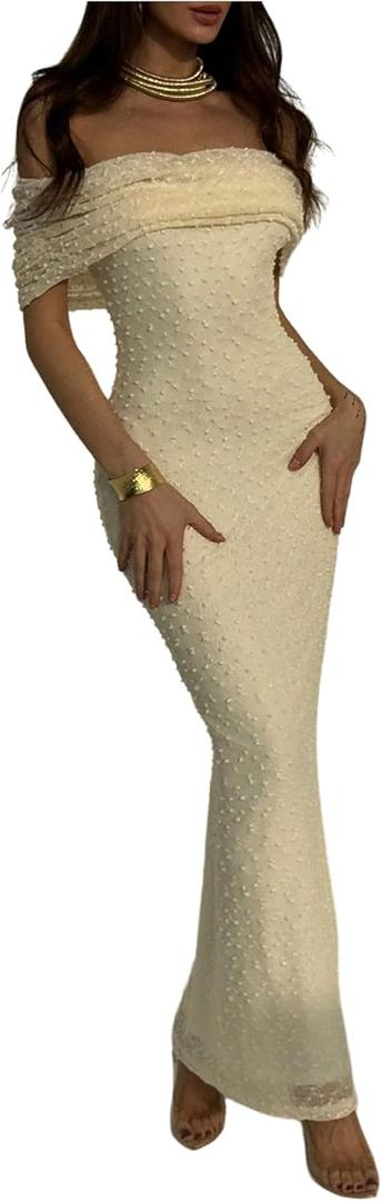 Floerns Women's Elegant Off Shoulder Sleeveless Long Dress Graduation Party Bodycon Maxi Dresses (Medium, Apricot)