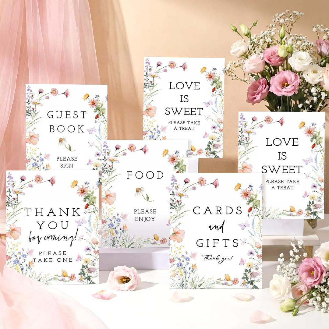 Yookeer 6 Pcs Wildflowers Wedding Table Decor Spring Floral Bridal Shower Thank You Centerpieces Party Supplies with Stand Take One Sign for Food Drinks Favors Sweet Cards Gifts Guest Book Signs 8x10"