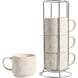 6 Oz Coffee Cups with Stand, Stackable Espresso Cups Set of 4, Ceramic Cappuccino Cup, Embossed Coffee Mugs for Latte, Cocoa, Mocha, Tea, Housewarming Wedding Present, Dishwasher Safe