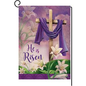 4 x He is Risen Spring Easter Small Garden Flag Vertical Double Sided Burlap Welcome Farmhouse Yard Outdoor Decoration 12 x 18 Inches