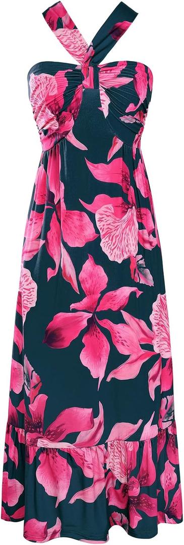 GRACE KARIN Womens Summer Floral Dresses 2026 Boho Maxi Dress Flowy Halter Sundress Casual Vacation Beach Clothes with Pocket (S)