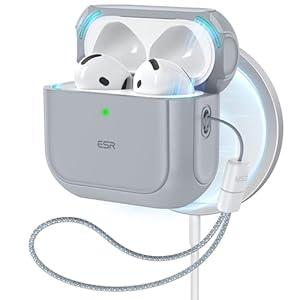 ESR for AirPods 4 Case, Compatible with AirPods 4th Generation Case (2024) (USB-C), Compatible with MagSafe, Drop Protection Cover with Lanyard, Magnetic Lid Lock, Orbit Hybrid Case, Gray