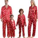 UNICLOUND Matching Family Christmas Pajamas Set, Soft Silk Satin Long Sleeve Button Down Comfy Holiday Loungewear for Couples, Men, Women Lazy Slumber Jammies Party(Sock, Women, X-Large) (Red, XL)