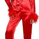 Women Satin Pajama Set Long Sleeve Button Down Feather Trim Blouse Wide Leg Pants Lounge Sleepwear Matching Sets, M, Red
