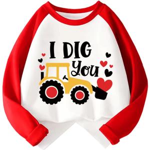 Boys Girls Valentines Shirt Toddler Love Heart Truck I DIG You Graphic Long Sleeve Raglan Little Kids Top 2-7T