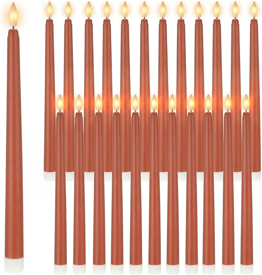 Macarrie 24 Packs Flameless Taper Candles Battery Operated Fake 11 Inch Long Candlelight LED Flameless Candlesticks Flickering Tapered for Spring Summer Wedding(Brown)