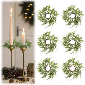Giegxin 6 Pcs Christmas Taper Candle Rings Wreath with Blue Berry 2" Inner Diameter Mini Artificial Juniper Candle Ring Holder for Christmas Wedding Winter Home Table Centerpiece Xmas Holiday Decor