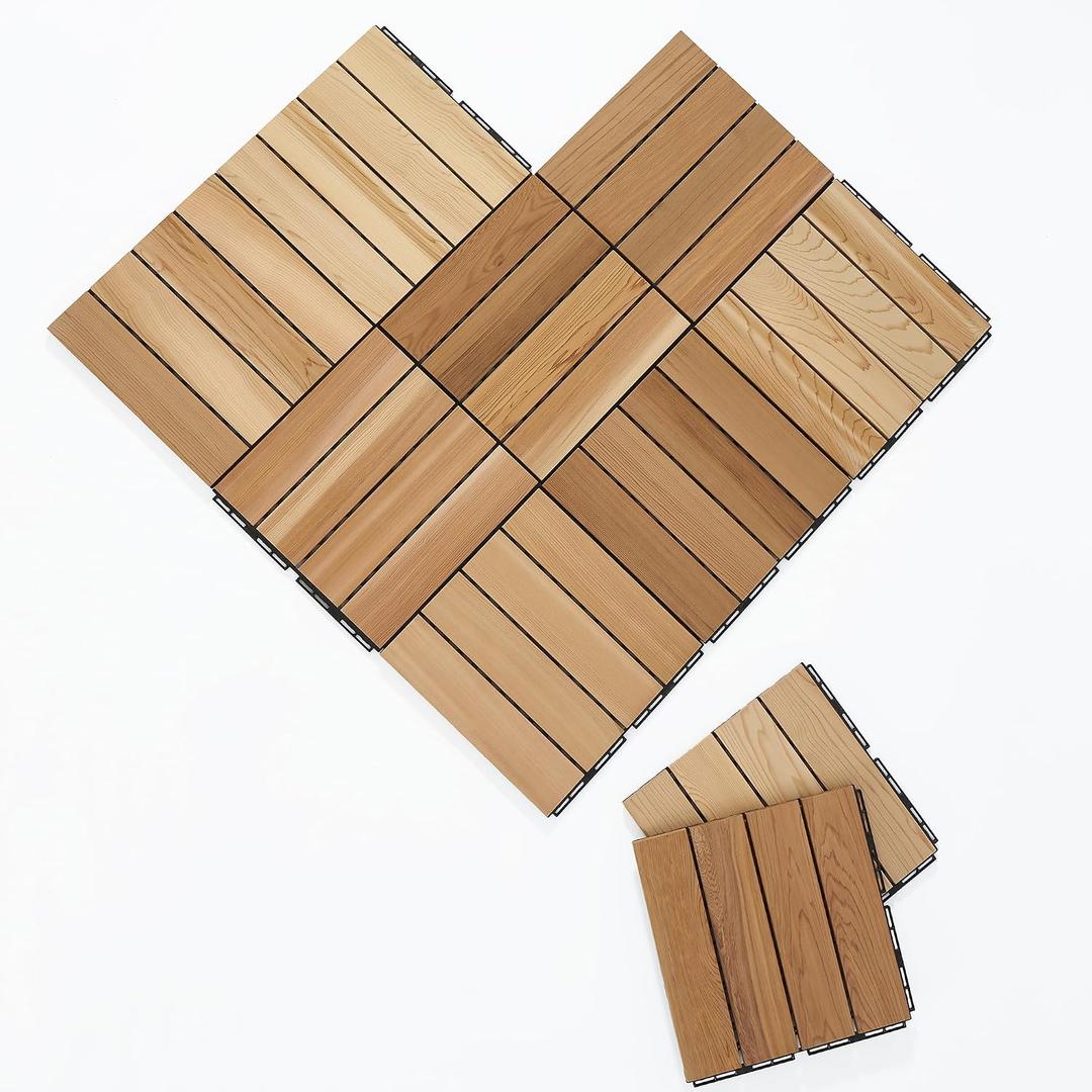 bingaai 10 Pcs Cedar Wood Interlocking Deck Tiles 12" x 12", Cedar Sauna Floor Mat Natural Finish, Wooden Floor Tiles for Balcony, Backyard, Sauna, Patio, Spa Floors, Indoor and Outdoor Use