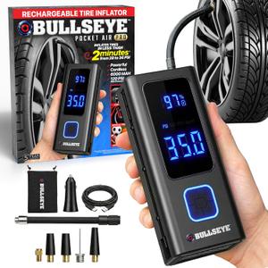 POCKET AIR PRO Tire Inflator Portable Air Compressor by Bullseye Pro for Tires, Balls, Bike with Persta Valve, Auto Shut Off, Inflates in 2 Min, Cordless Rechargeable 6000MAH,150 PSI, SoS Light