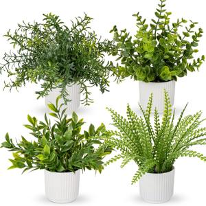 Hollyone 4 Pack Artificial Potted Plants Eucalyptus Rosemary Boston Fern ZZ Plant Fake Plant in Pot Small Faux Plant Greenery Aesthetic Indoor Home Decor Bathroom Bedroom Table Shelf Office
