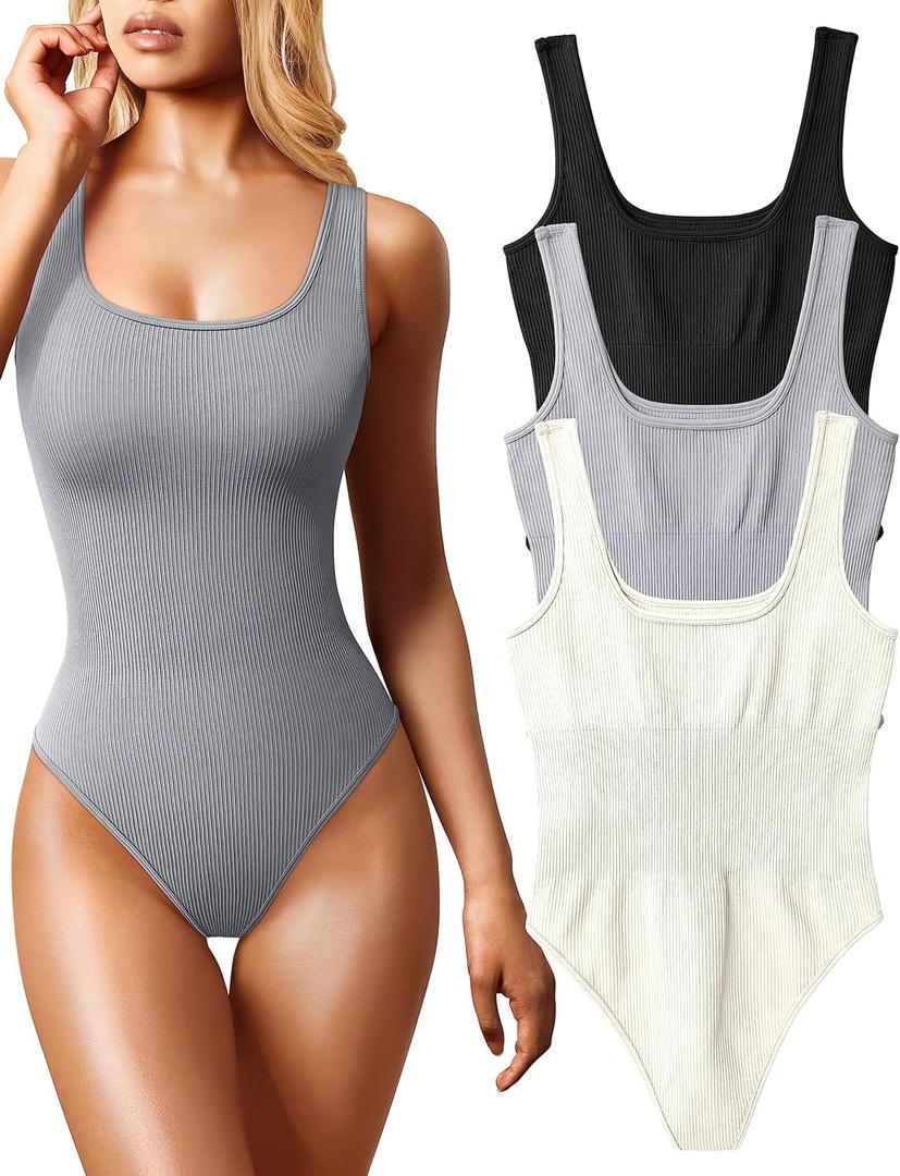 OQQ Women's 3 Piece Bodysuits Sexy Ribbed Sleeveless Square Neck Tank Tops Leotard 2025 Trendy Outfits, Large