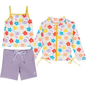 SwimZip Girls' 3 Pc Swim Set w/Long Sleeve Rash Guard, Tankini & Shorts UPF 50+, 8-10 Years
