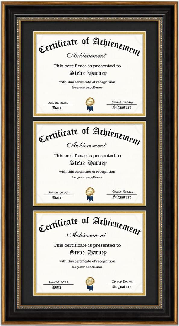 AUEAR,14x29 Triple Diploma Frame with 3 Openings for Three 8.5x11 Certificates,Wall Display and Real Glass(Color Ornate Gold & Black)