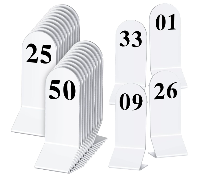 Remerry 50 Pcs Table Numbers 1-50 Acrylic Double Sided Number Cards for Restaurant Acrylic Tent Table Holders Tent Cards Wedding 2.36 x 6.3 Inch (Silve)