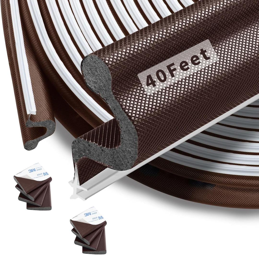 40 Feet Kerf Door Weather Stripping Seal With 8 PCS Corner Seals, Long Reach V-Shaped Strip for Frame Insulation and Soundproofing Large Gaps (Brown)