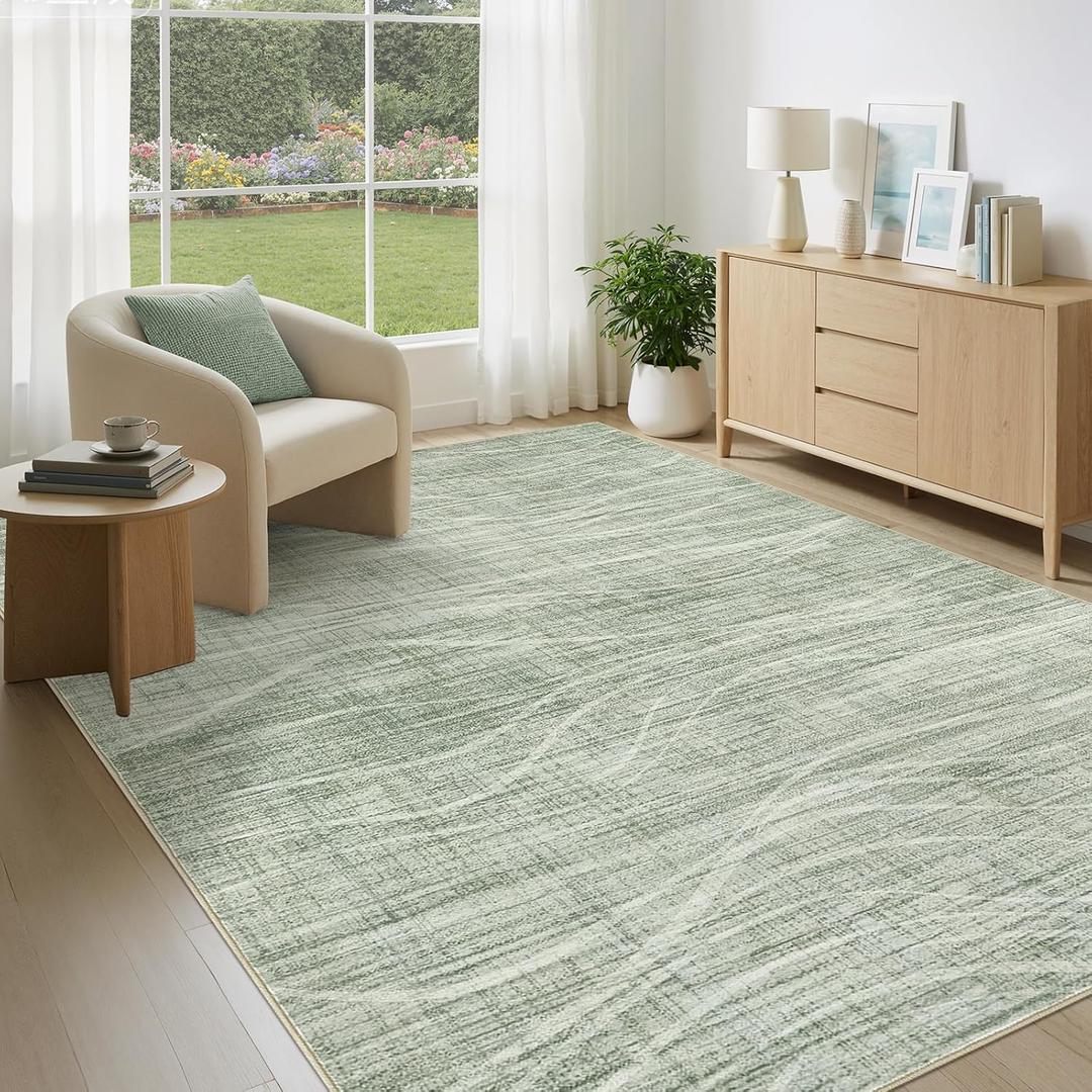 WITSHOCK 6x9 Living Room Rug Washable Area Rug Modern Abstract Rugs Non Slip Indoor Carpet for Bedroom Dining Room Nursery Kitchen Office Home Decor Stain Resistant Soft Wave Striped Rug, Green