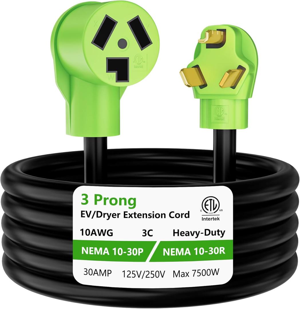 3 Prong Dryer Extension Cord 25 FT, NEMA 10-30P to NEMA 10-30R, STW, 10AWG, Heavy Duty Cord, for Dryer Power Extension and Level 2 EV Charging, 30Amp, 250V, 10-AWG Gauge, ETL Listed