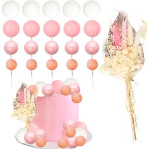 Ephlyn 21Pcs Ball Cake Toppers Flower Palm Leaf Cake Decorations for Bohemian Theme Boho Birthday Wedding Baby Shower Party Supplies Pink White