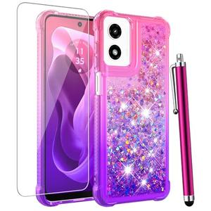 CAIYUNL for Moto G Play 2024 Case with Screen Protector, Cute Women Girls Glitter Bling Liquid Floating Phone Case Slim TPU Soft Silicone Shockproof Girly Cover for Motorola G Play 2024 -Pink Purple