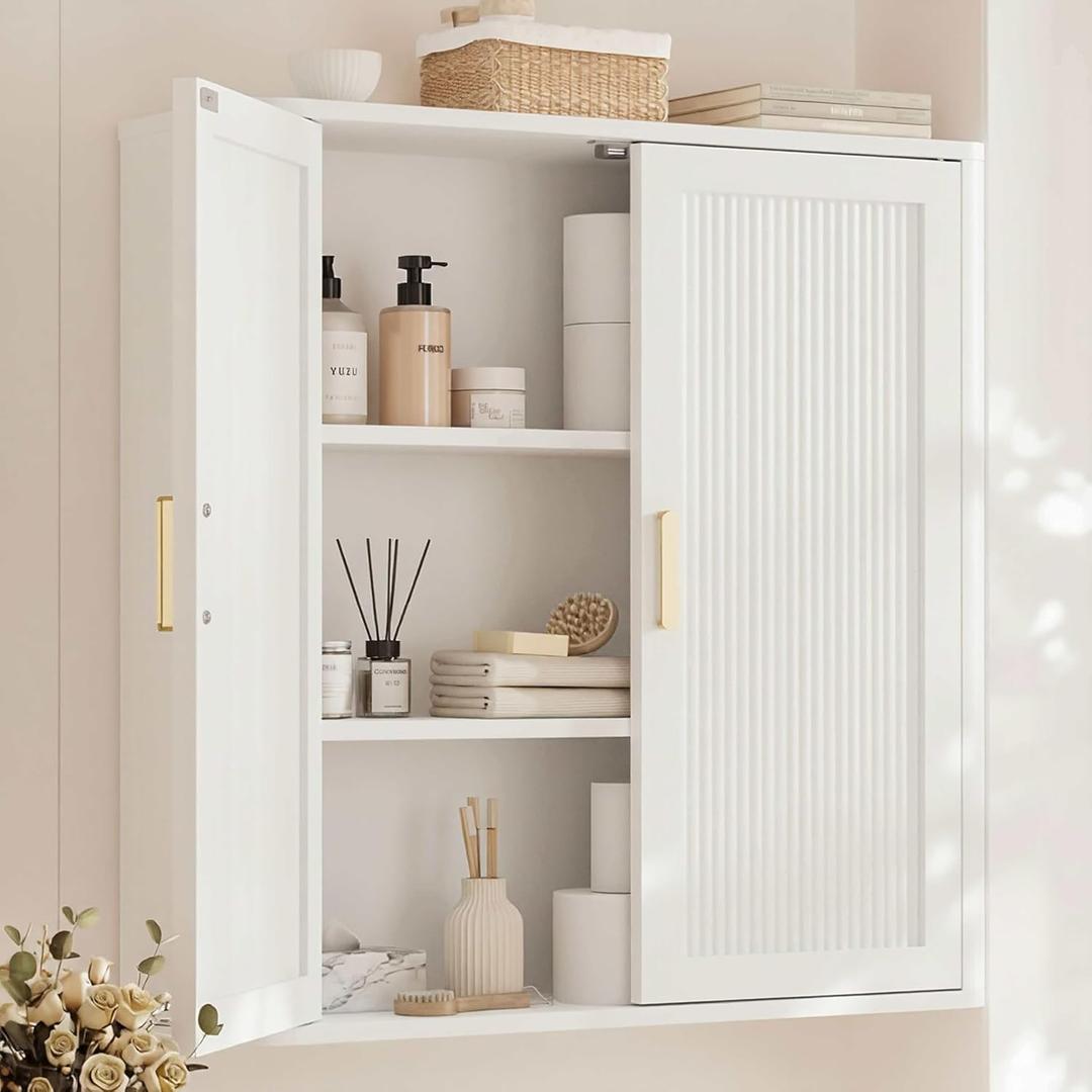 INNOD Bathroom Storage Cabinet, Over The Toilet Storage Cabinet, Medicine Cabinet with Adjustable Wood Shelf & Doors for Laundry Room & Kitchen & Living Room(White), 24*25*8 in