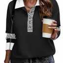 Zeagoo Sweatshirt for Women 2025 Color Block Fall Shirts V Neck Tops Loose Fit blouses long sleeves Polo Pullover Black L