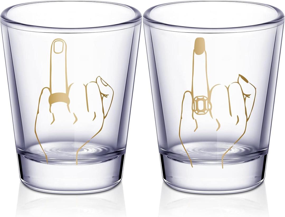 Bride and Groom Glasses 2 Pieces Ring Finger Wedding Funny Bride Wine Glass 2 oz Mr and Mrs Engagement Gifts Stemless for Newlyweds Couples(Classic,1.93 Inch) (Gold)