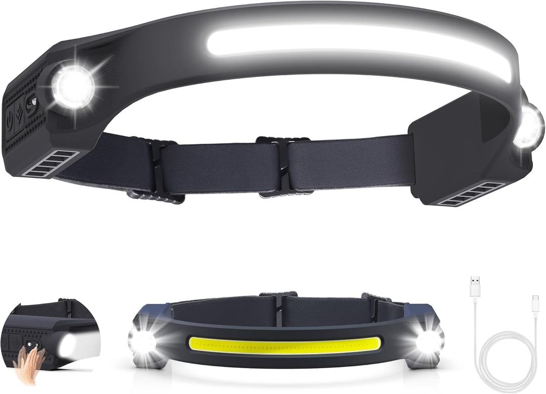 AlpsWolf Headlamp Rechargeable LED 1Pack - 2 XPE LED and COB LED Head Lamp, Motion Sensor, 260 Wide Beam, IPX4 Waterproof, Rechargeable Headlight for Camping Accessories